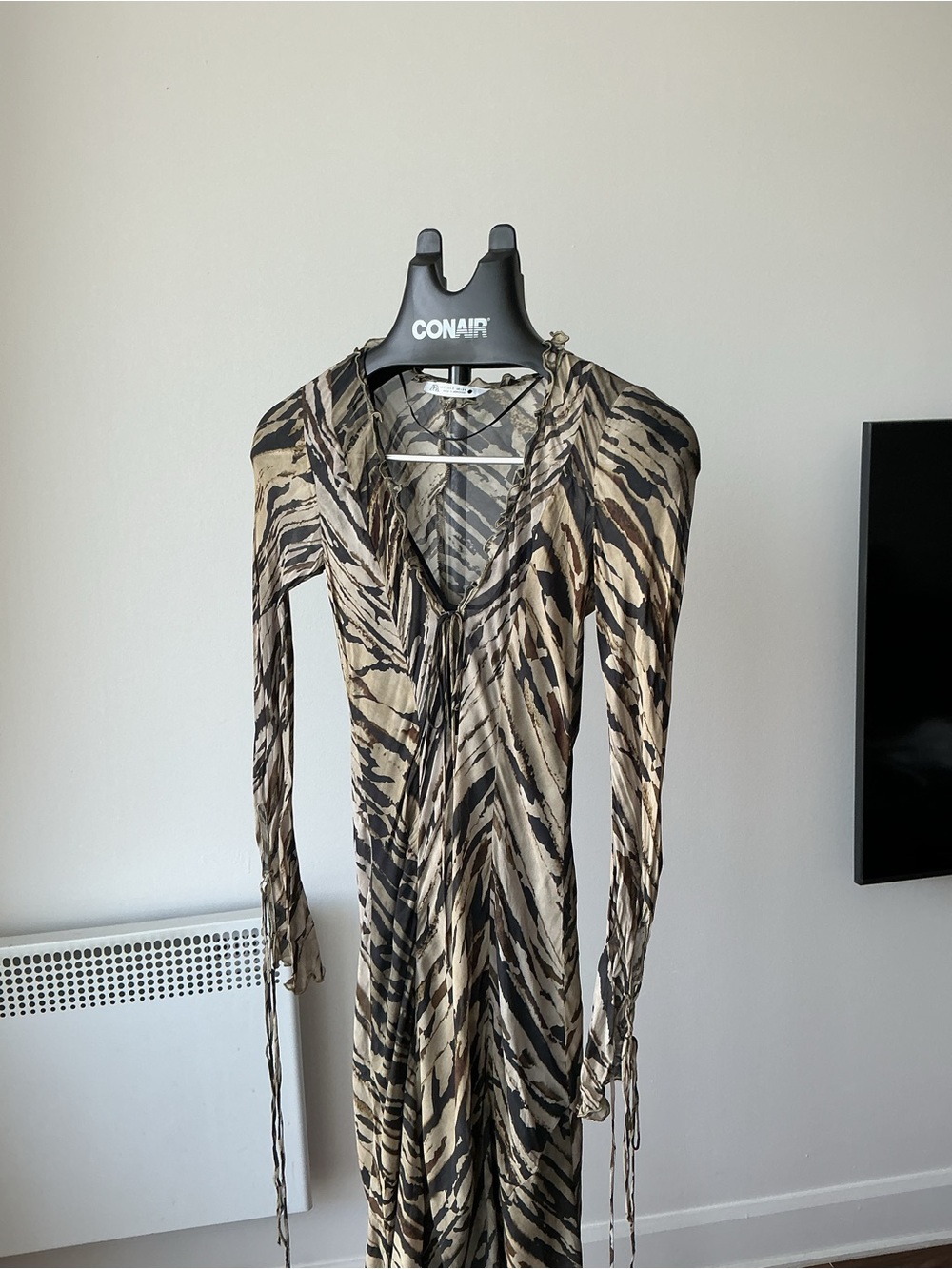 Zara Beige and Black Zebra-Print Long Sleeve Maxi Dress